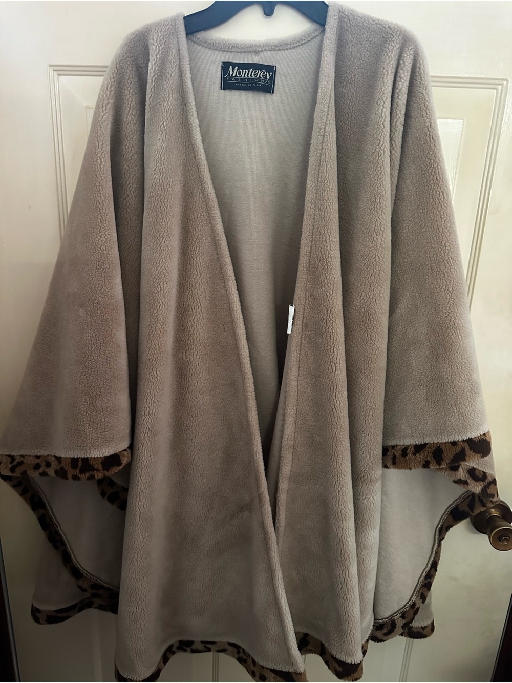 Monterey Fashions Open Front Cardigan Taupe Leopard Trim Made in USA